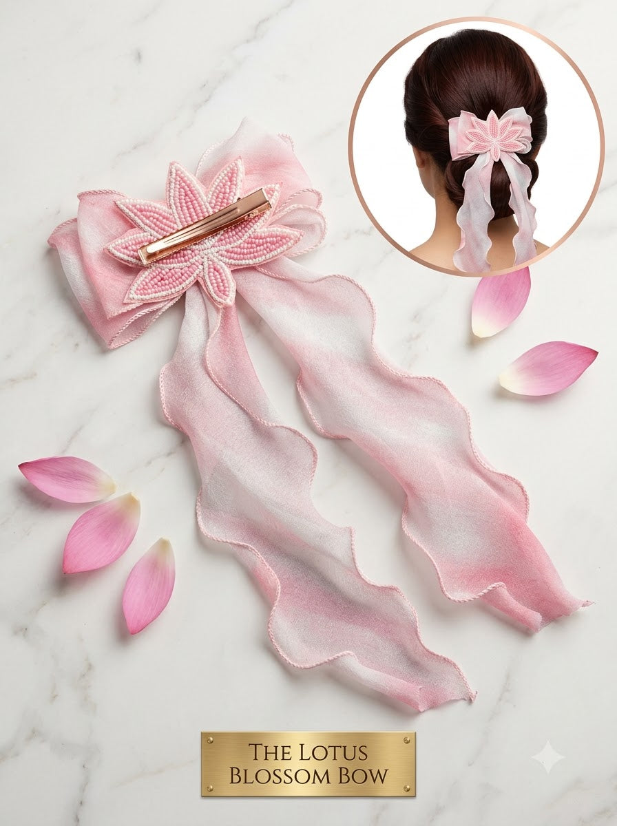 Ivory & Iridescent Blue Organza Bow Barrette with Gold Zardozi Lotus