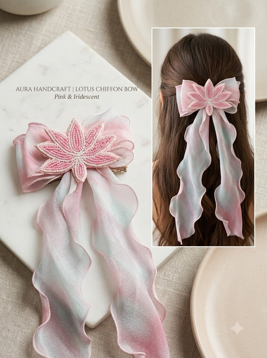 Ivory & Iridescent Blue Organza Bow Barrette with Gold Zardozi Lotus