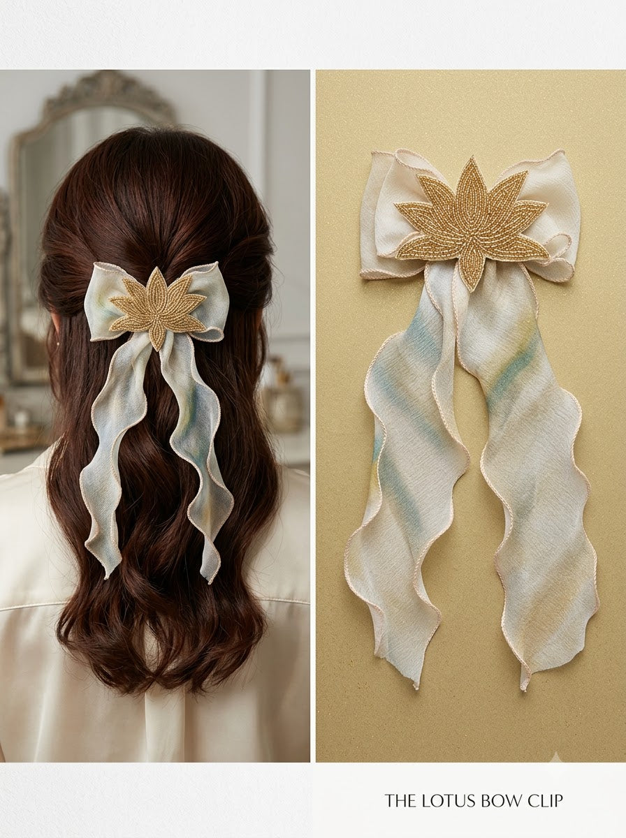 Ivory & Iridescent Blue Organza Bow Barrette with Gold Zardozi Lotus