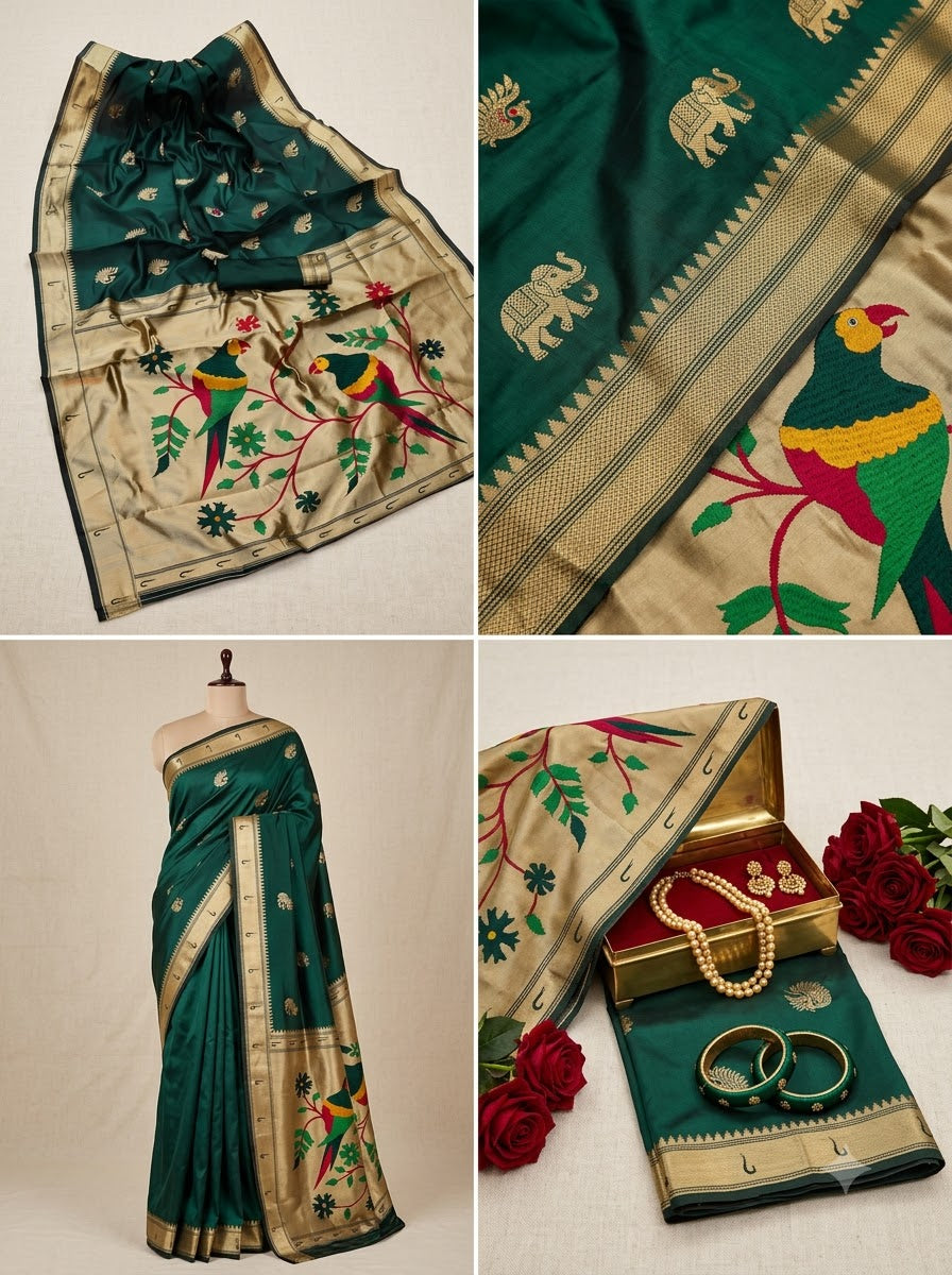 Banarasi Silk Saree With Blouse For Women (Green, 6.3M)