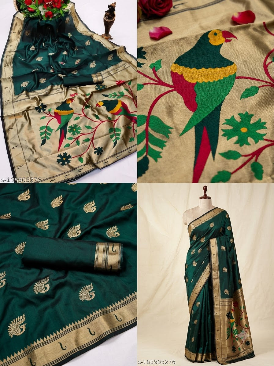 Banarasi Silk Saree With Blouse For Women (Green, 6.3M)