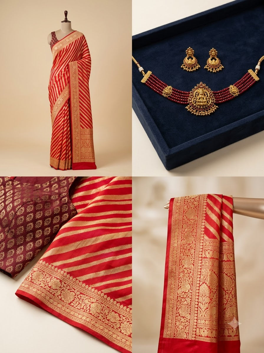 Jacquard Striped Saree for Women (Red, 6.3 m)