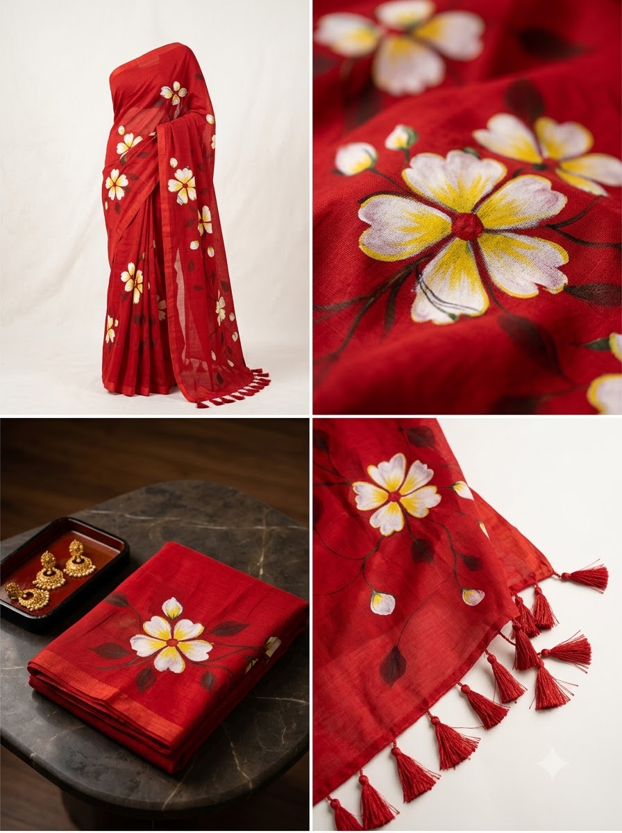 Scarlet Blossom Premium Mull Cotton Handprint Saree