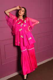 Hot Pink Satin Gharara Set with Hand Embroidered Beads Flowers-0