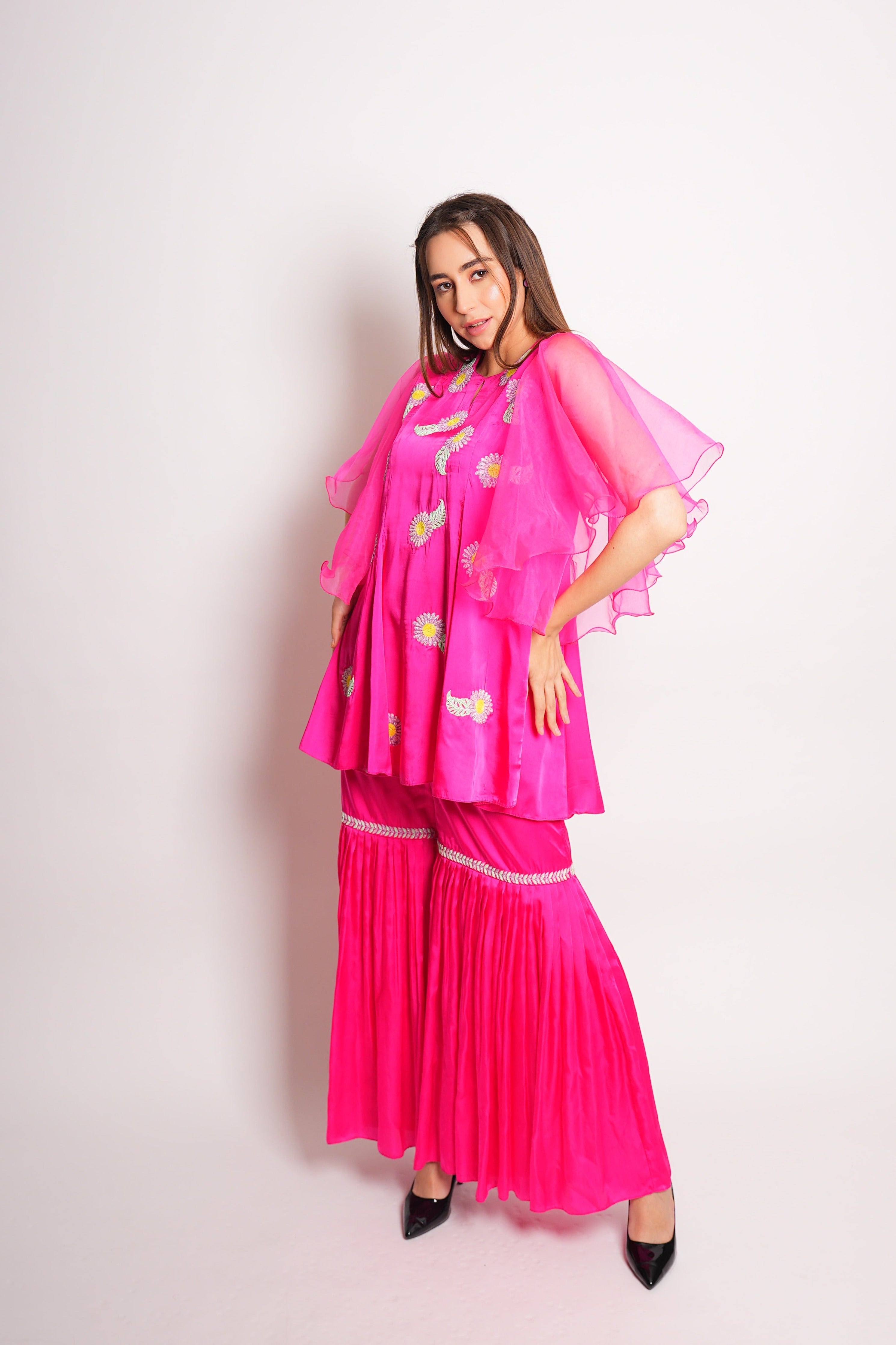 Hot Pink Satin Gharara Set with Hand Embroidered Beads Flowers-3