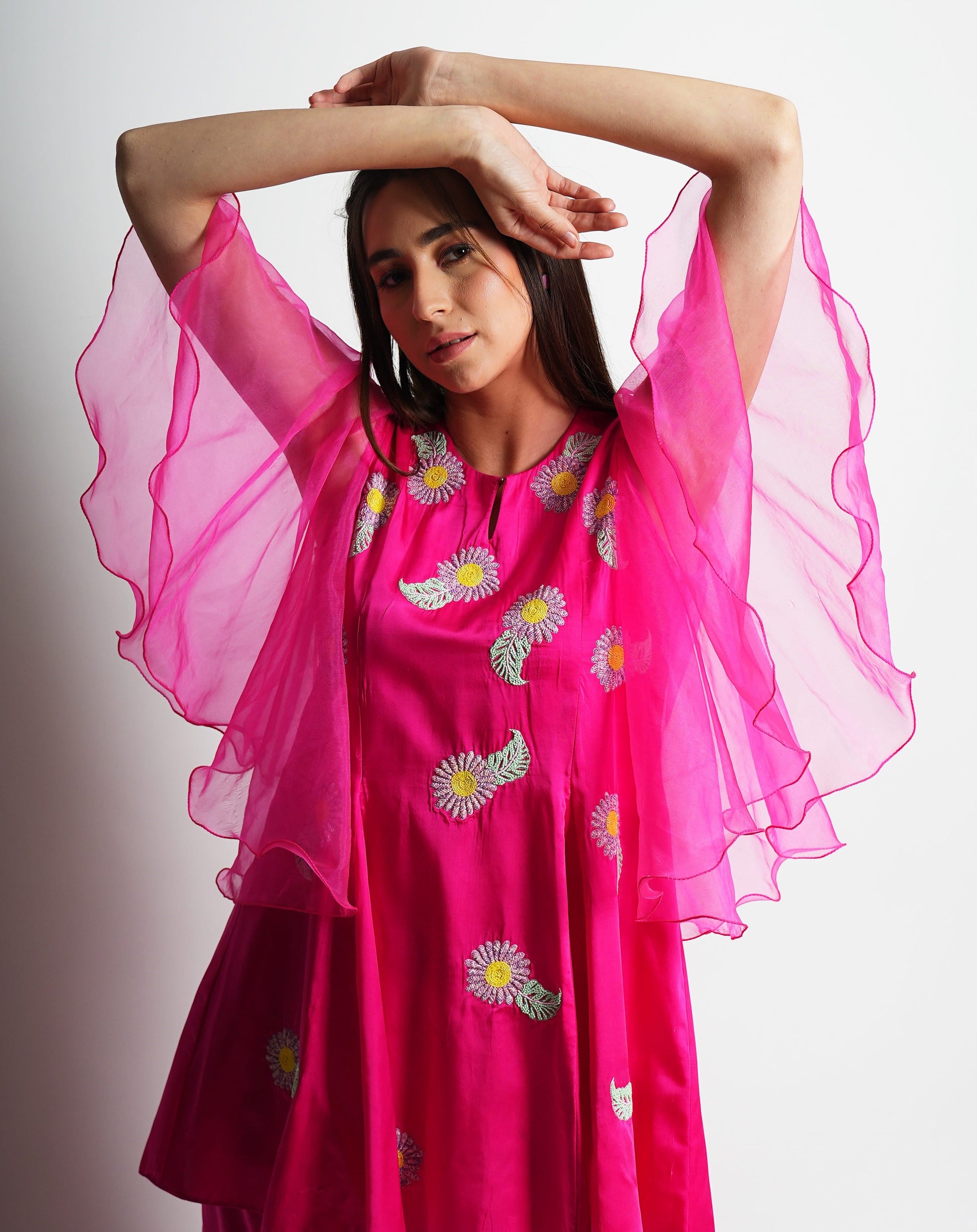 Hot Pink Satin Gharara Set with Hand Embroidered Beads Flowers-1