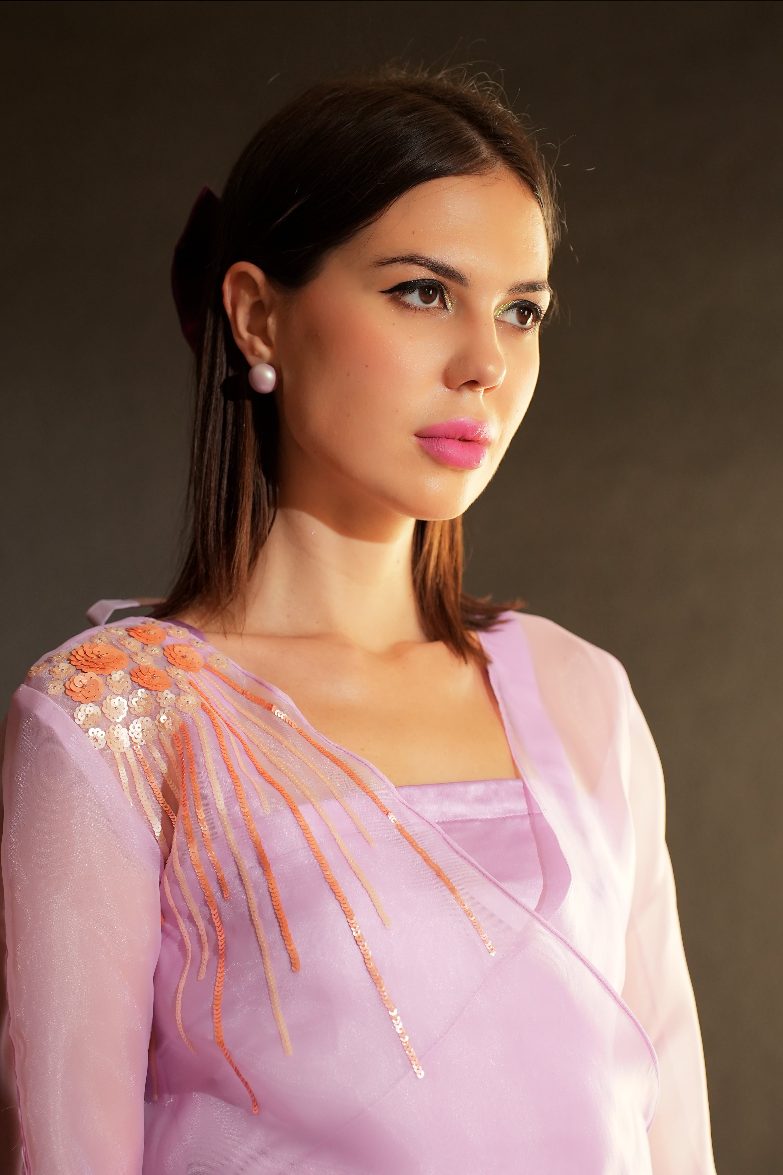 Lavender Organza Top with Sequin Embroidery and Slit Sleeves-0