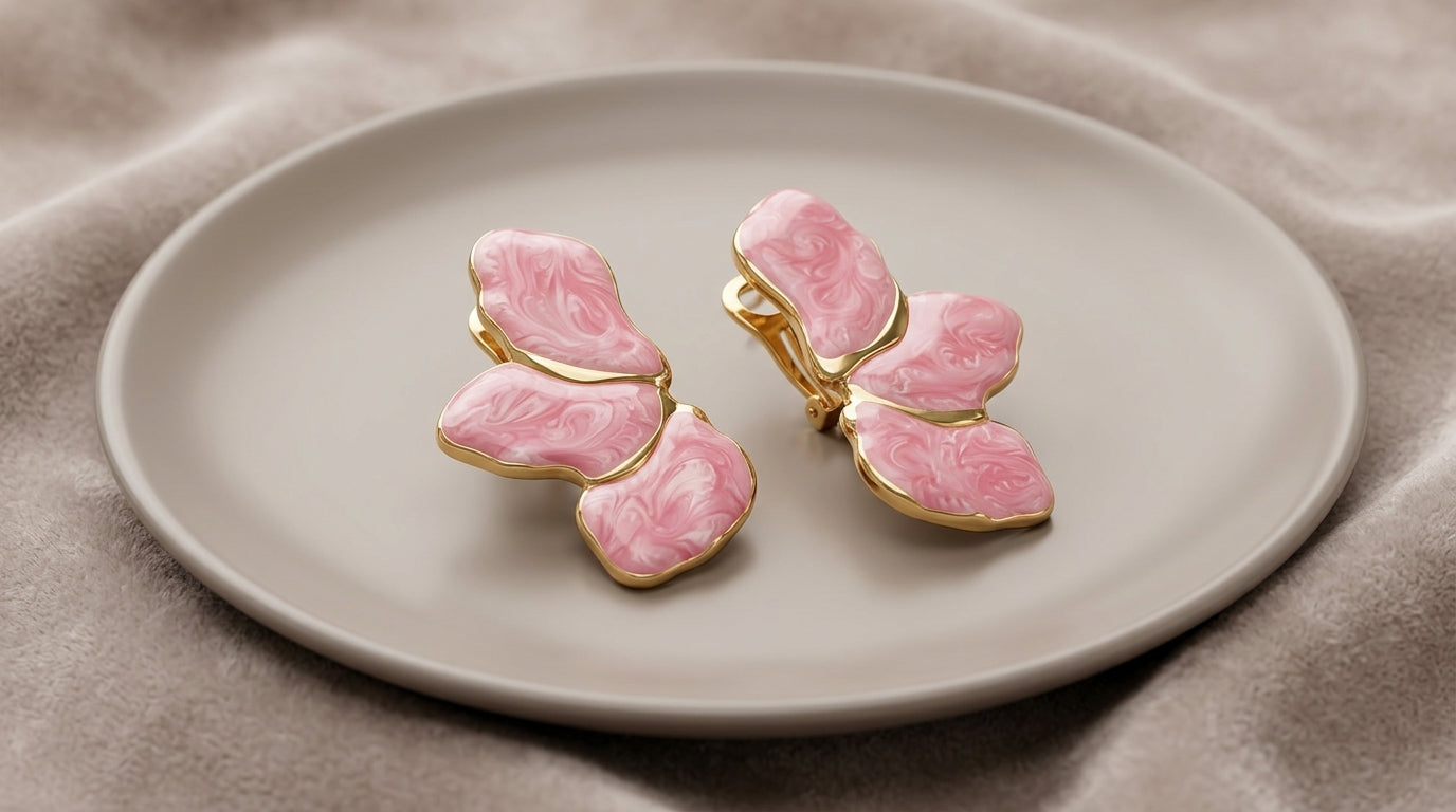 Pink Marbled Enamel Butterfly Stud Earrings – Gold Edge