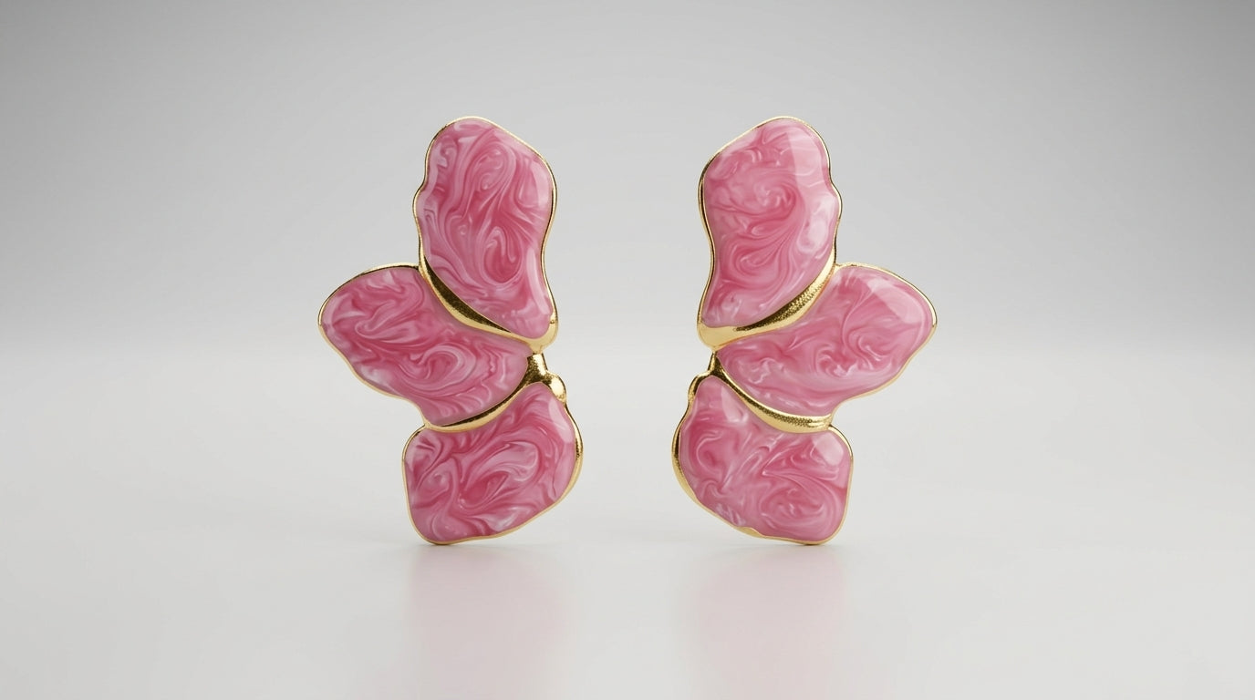 Pink Marbled Enamel Butterfly Stud Earrings – Gold Edge
