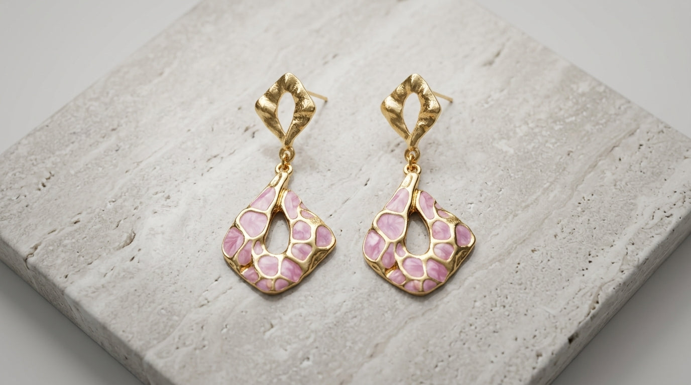 Lavender Mosaic Enamel Diamond Drop Earrings – Gold Tone