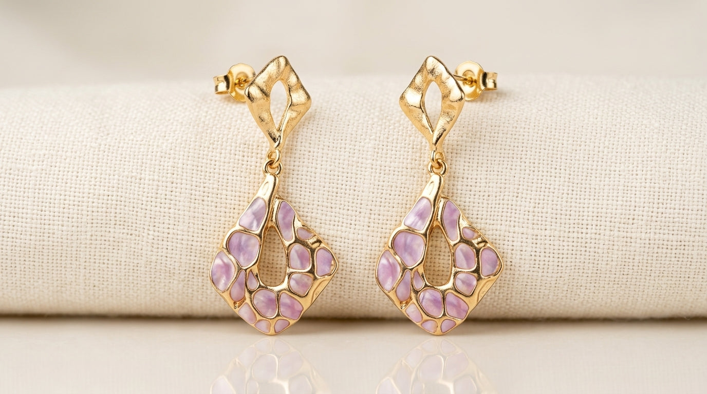 Lavender Mosaic Enamel Diamond Drop Earrings – Gold Tone