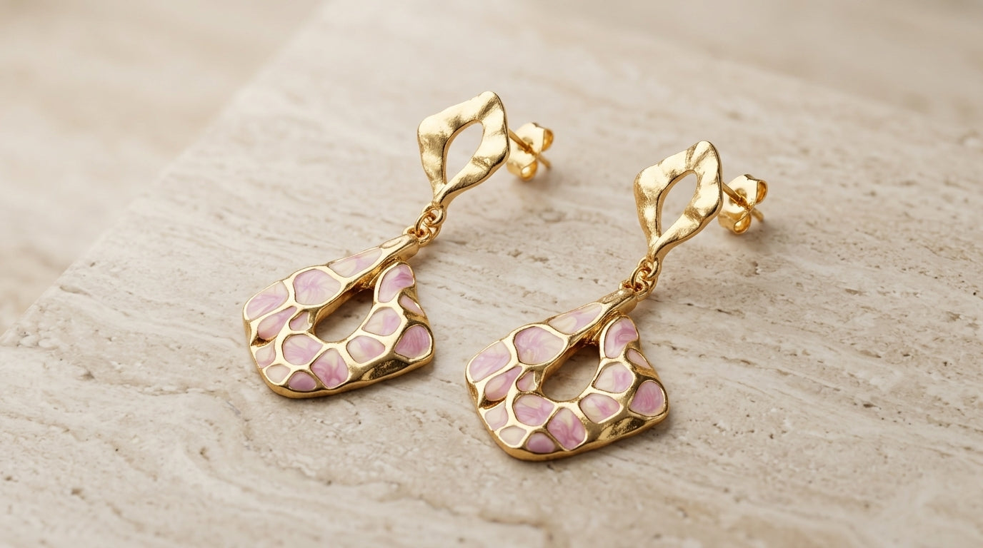 Lavender Mosaic Enamel Diamond Drop Earrings – Gold Tone