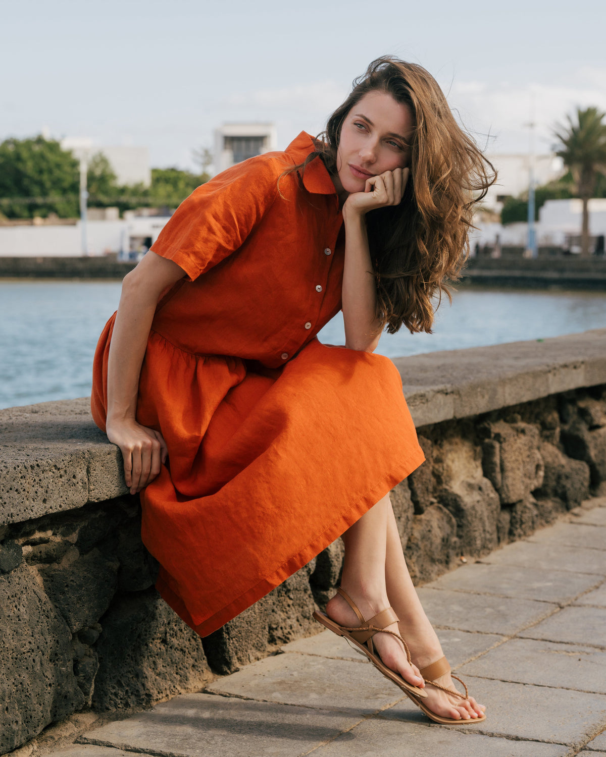 Burnt Orange Linen Midi Dress with Pockets (syncee)-4