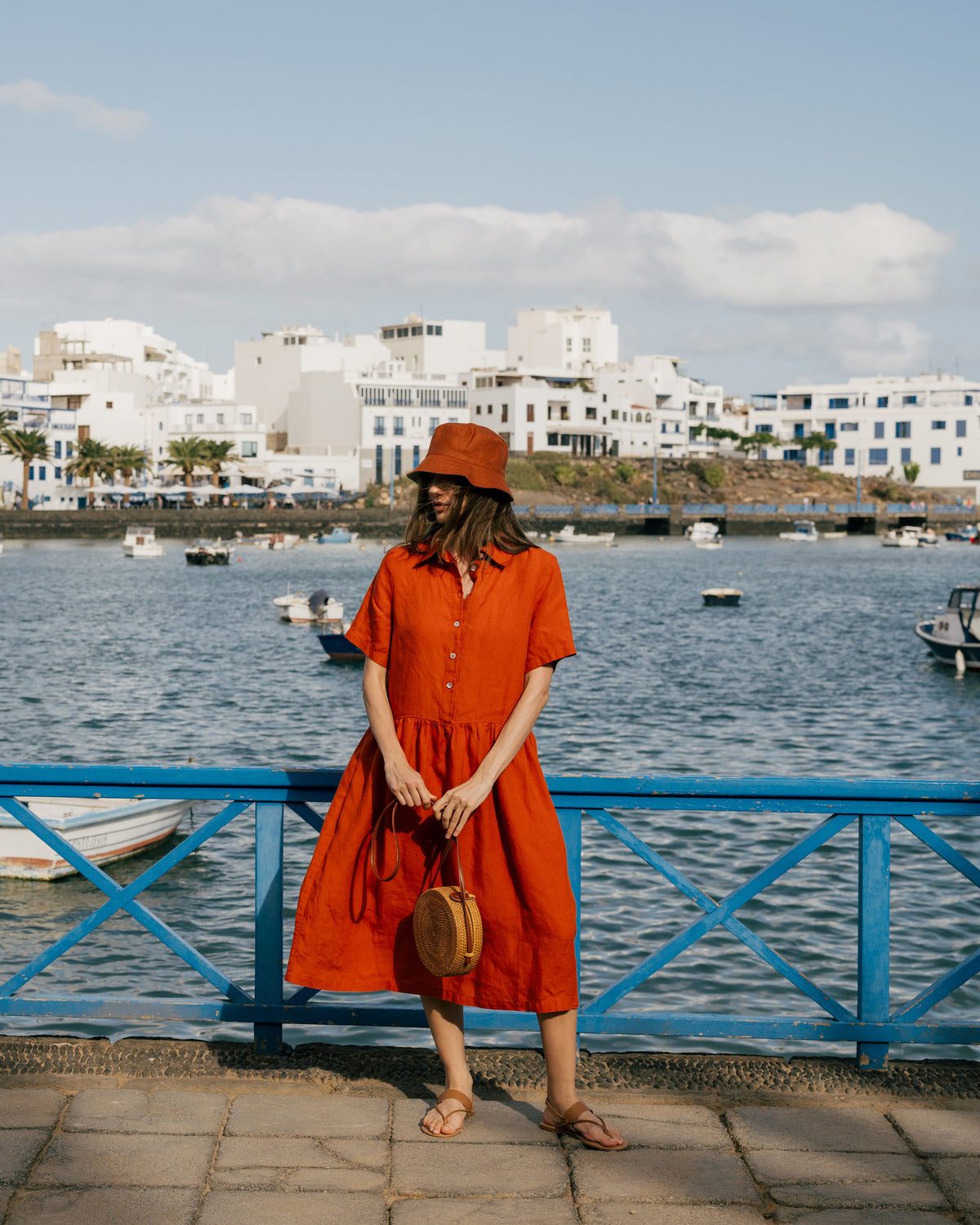 Burnt Orange Linen Midi Dress with Pockets (syncee)-1