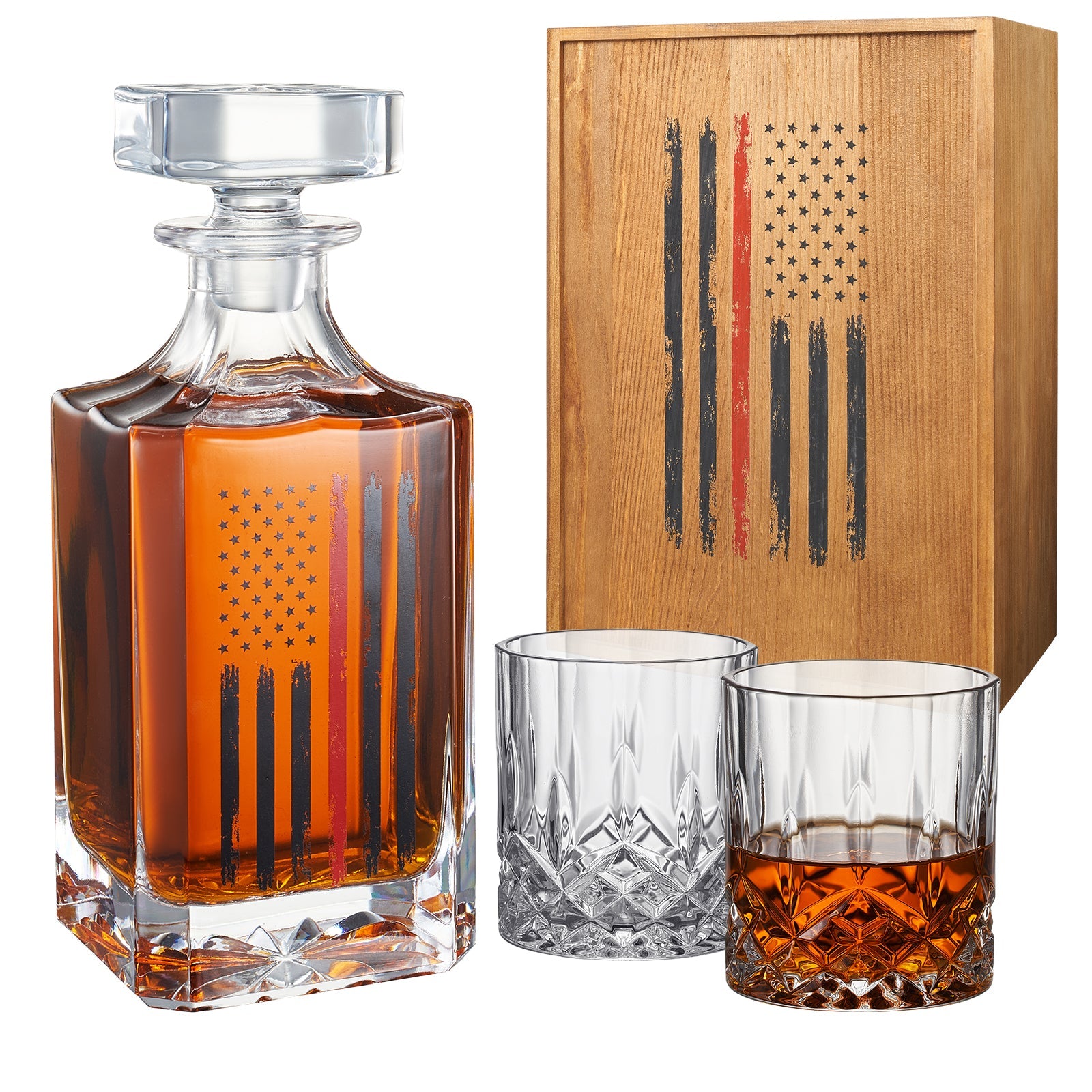 Firefighter Tactical Red Tattered American Flag Whiskey Decanter Gift Set 730ML Decanter 2 Whiskey G