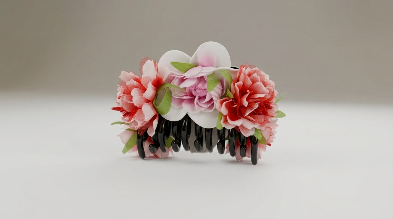 Red & Pink Floral Hair Claw Clip – Carnation & Hydrangea Bouquet