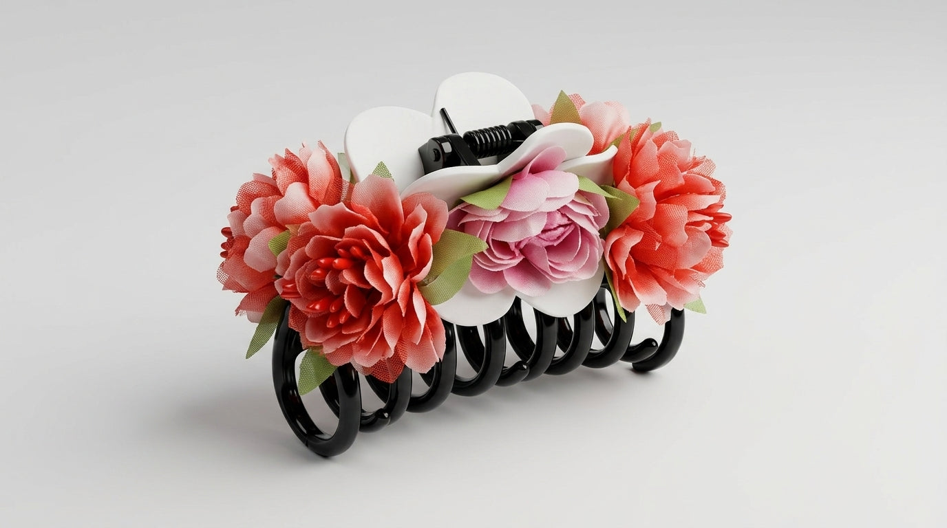 Red & Pink Floral Hair Claw Clip – Carnation & Hydrangea Bouquet