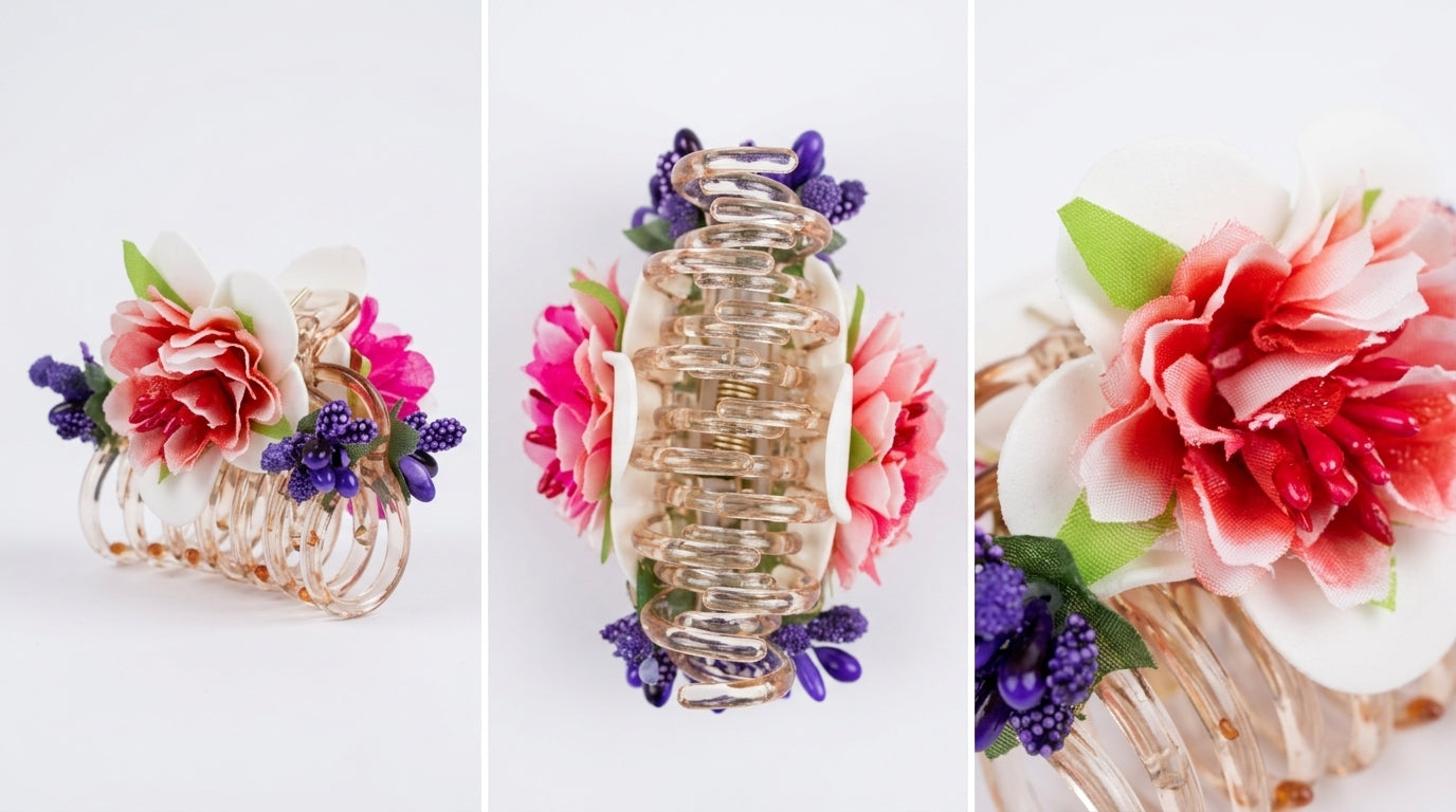 Rose Gold Floral Metal Hair Claw Clip – Pink Peony, White Magnolia & Lavender Berry