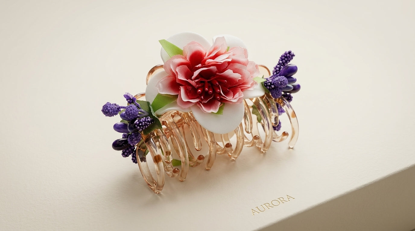 Rose gold metal coil claw clip with deep pink-red peony, white magnolia petals, purple lavender berry clusters and green leaves on cream background