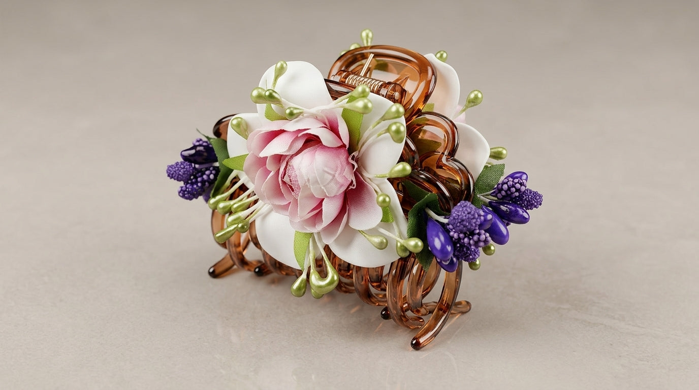Tortoiseshell Floral Hair Claw Clip – Pink Peony, White Magnolia & Green Pearl Stamens
