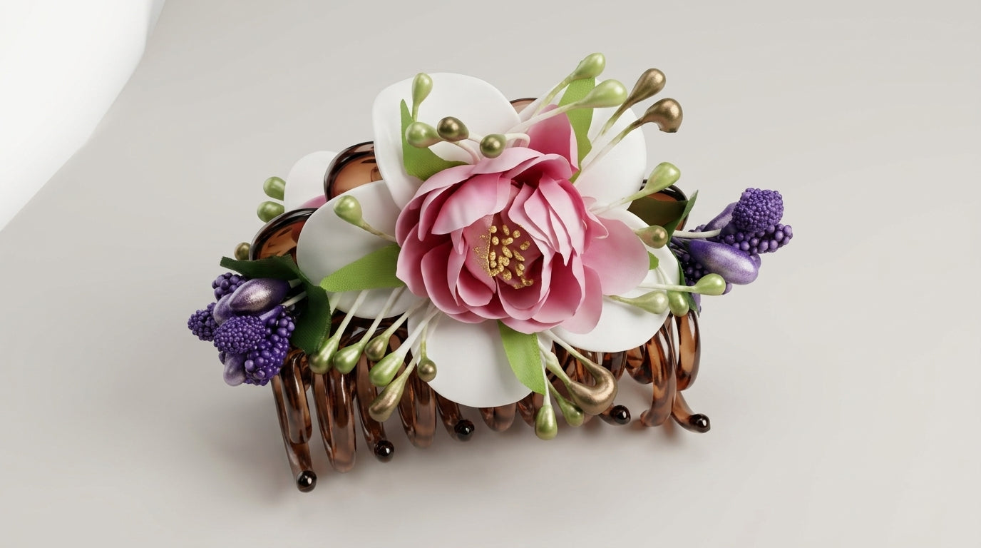 Tortoiseshell Floral Hair Claw Clip – Pink Peony, White Magnolia & Green Pearl Stamens