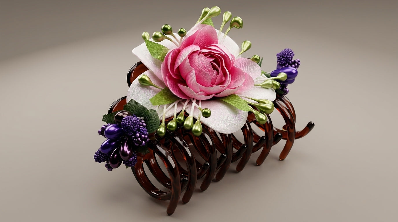 Tortoiseshell Floral Hair Claw Clip – Pink Peony, White Magnolia & Green Pearl Stamens
