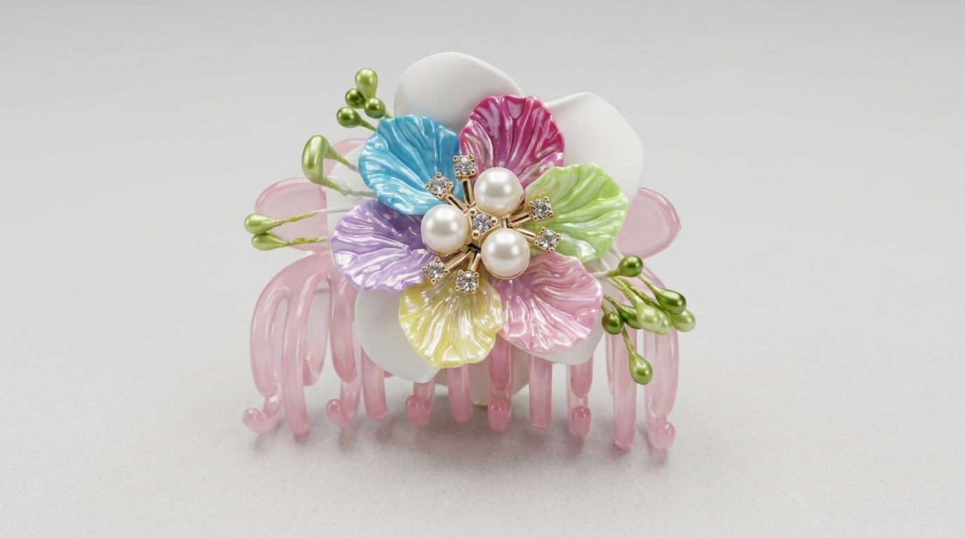Pastel Rainbow Petal Hair Claw Clip – Pearl & CZ Centre on Blush Pink Acrylic