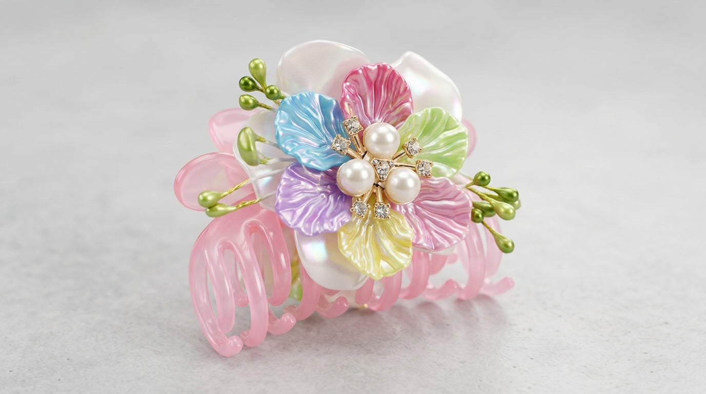 Pastel Rainbow Petal Hair Claw Clip – Pearl & CZ Centre on Blush Pink Acrylic