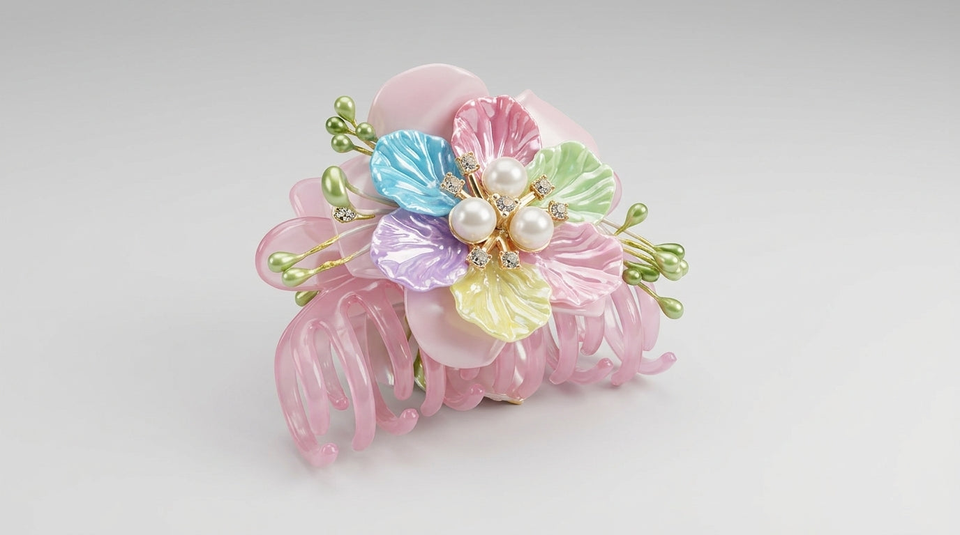 Pastel rainbow multi-petal flower hair claw clip with pearl and CZ crystal centre, gold wire stamens with green pearl buds on blush pink pearlescent acrylic base