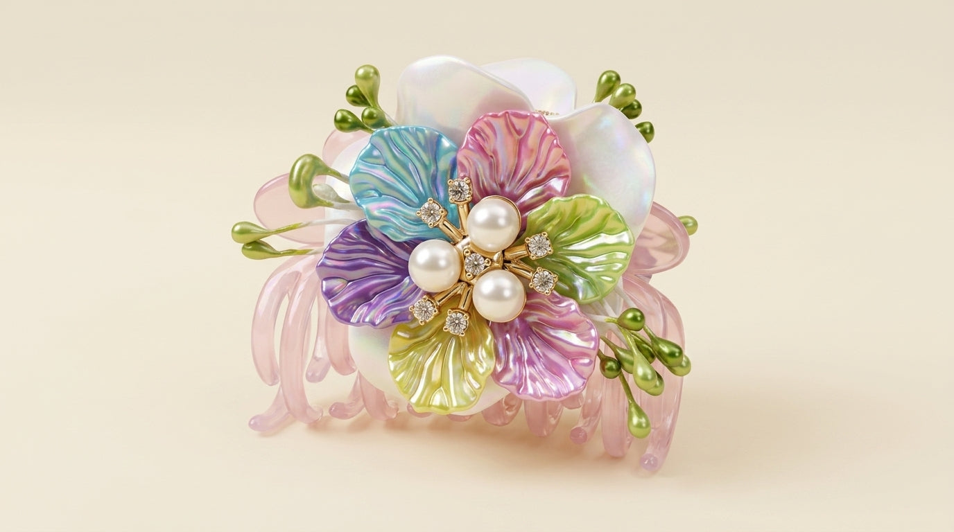 Pastel Rainbow Petal Hair Claw Clip – Pearl & CZ Centre on Blush Pink Acrylic