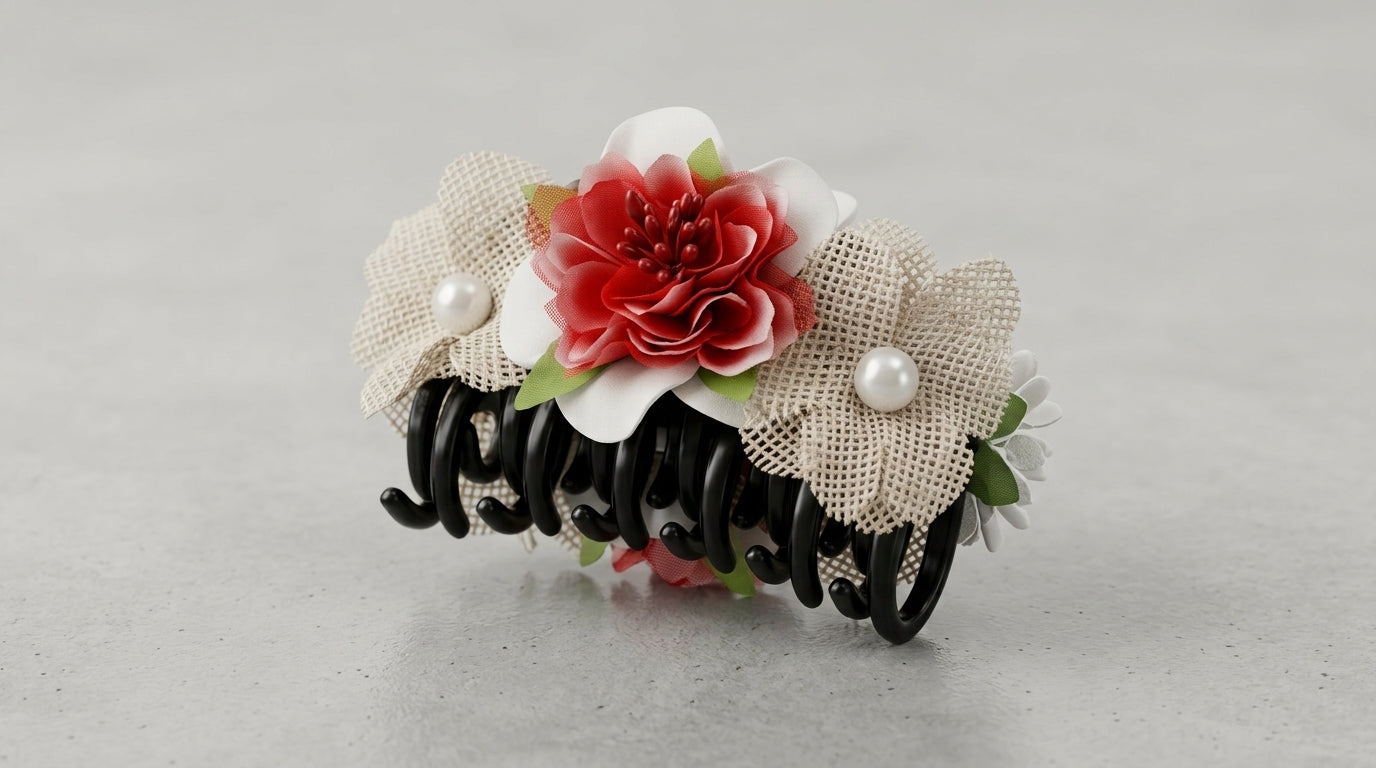 Black Claw Clip with Coral Dahlia, White Lace Tulle Rosettes & Pearl Centres
