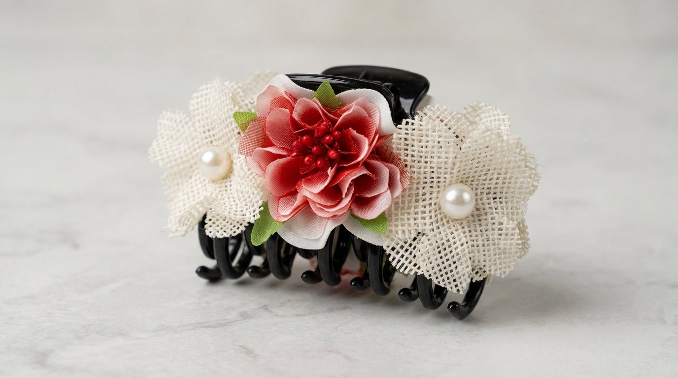 Black Claw Clip with Coral Dahlia, White Lace Tulle Rosettes & Pearl Centres