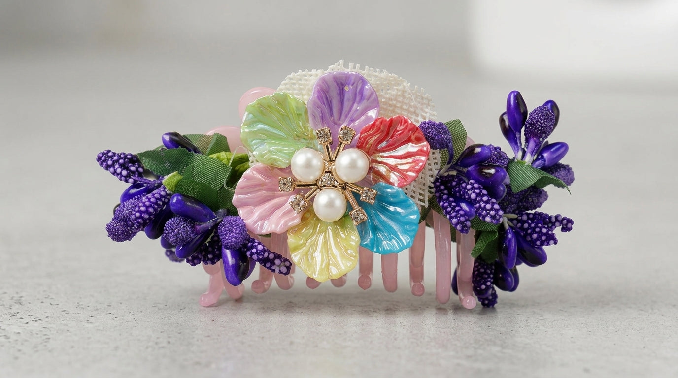 Wide pastel rainbow multi-petal enamel flower hair comb with triple pearl and CZ gold stamen centre, white lace tulle, purple iris bud clusters and lavender berry sprigs on blush pink comb base
