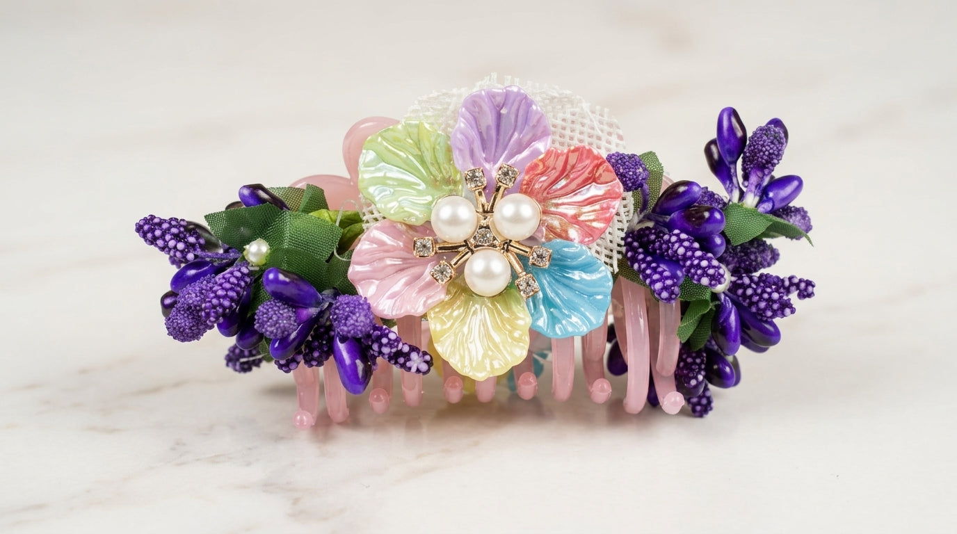 Pastel Rainbow Floral Hair Comb – Pearl & CZ Centre with Purple Iris & Lavender Berry