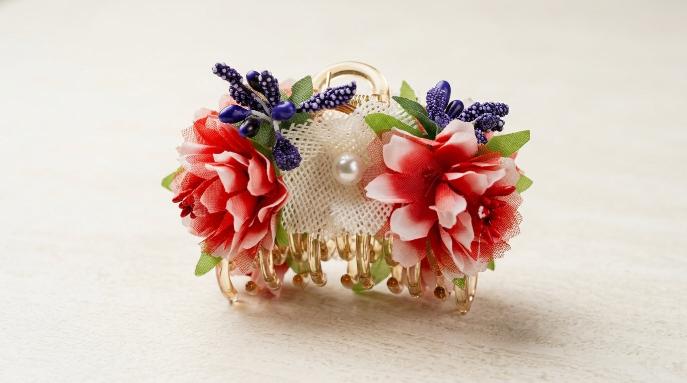 Gold Metal Floral Hair Claw Clip – Pink Carnation, Lace Tulle & Lavender Berry