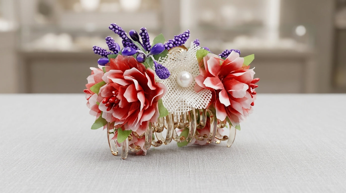 Gold Metal Floral Hair Claw Clip – Pink Carnation, Lace Tulle & Lavender Berry