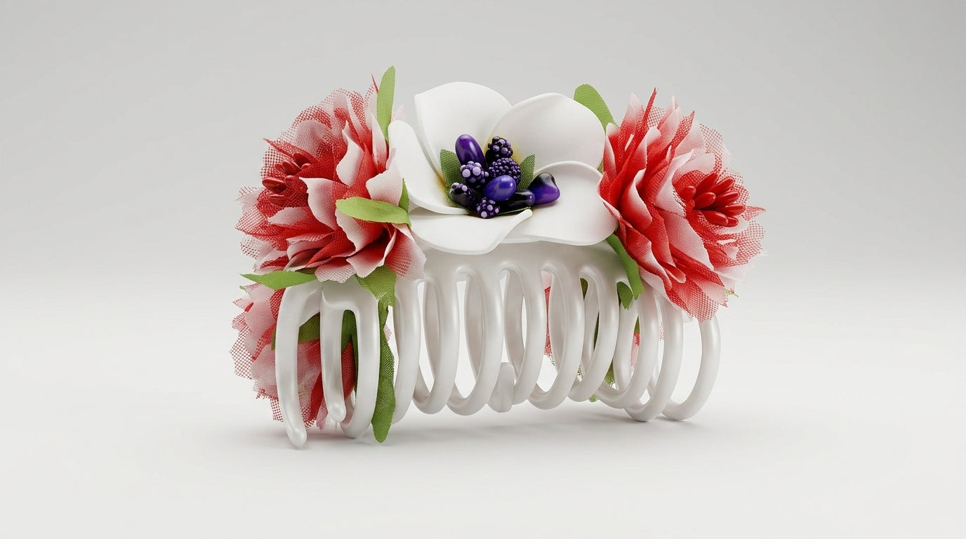 Floral Hair Claw Clip – Pink Carnation & White Orchid with Blue Berry Accents
