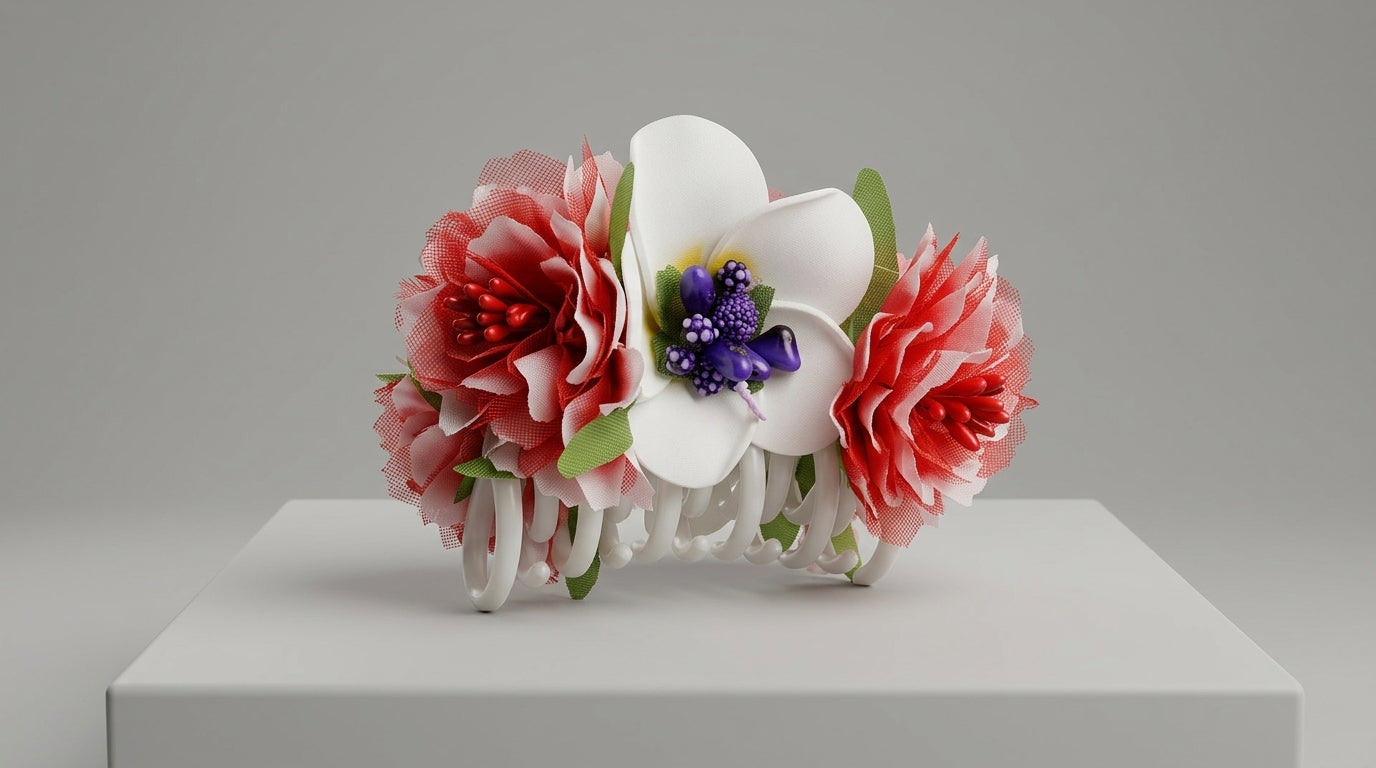 Floral Hair Claw Clip – Pink Carnation & White Orchid with Blue Berry Accents