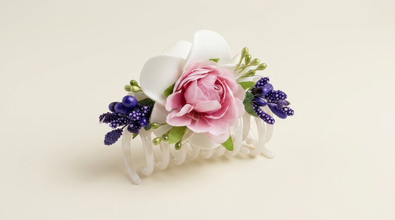 Bridal Floral Hair Claw Clip – Pink Rose, White Calla Lily & Purple Berry