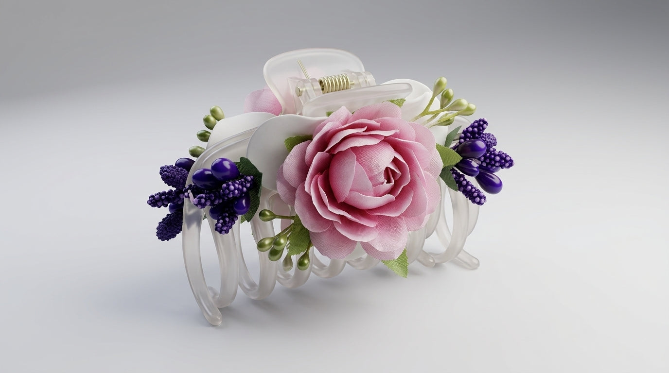 Bridal Floral Hair Claw Clip – Pink Rose, White Calla Lily & Purple Berry