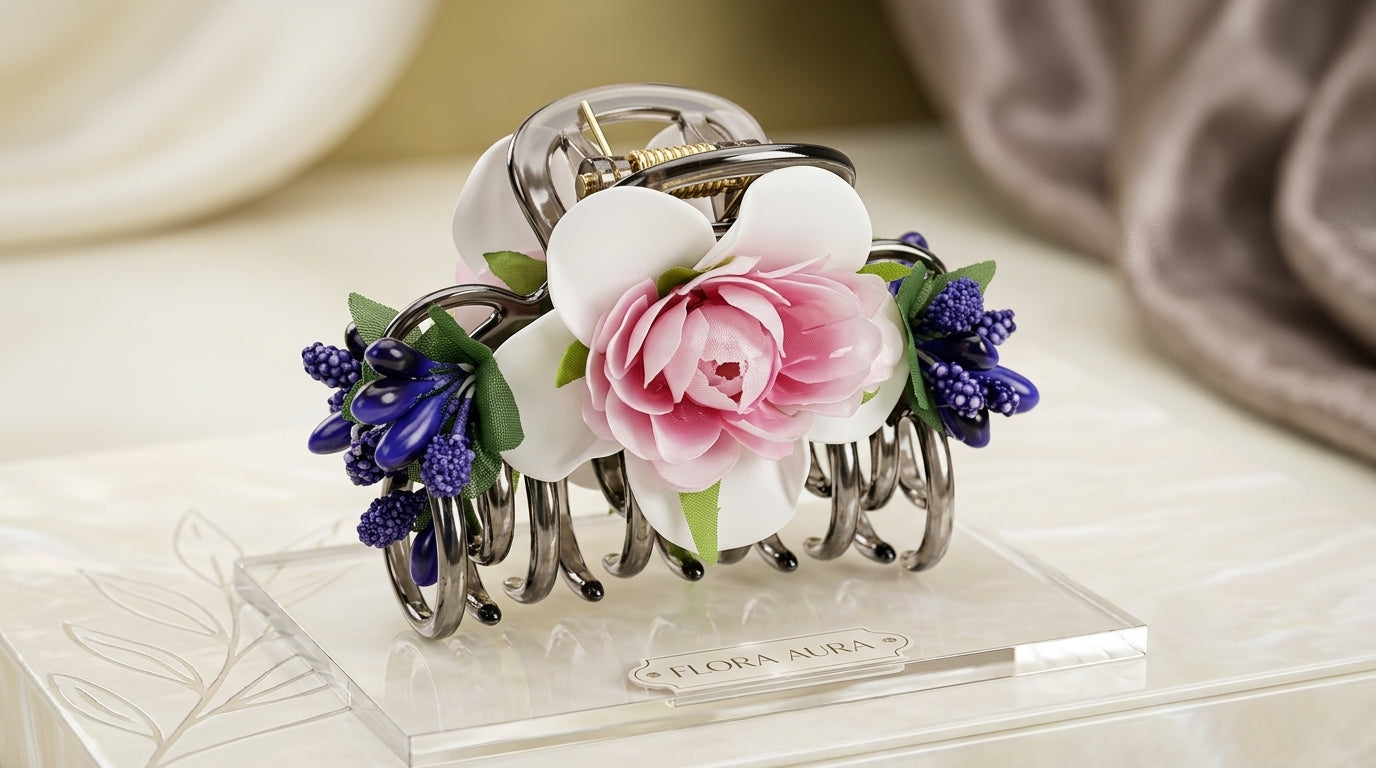 Luxury floral hair claw clip with pink peony rose, white magnolia petals and purple berry clusters on a gunmetal silver metal spring-clasp claw base