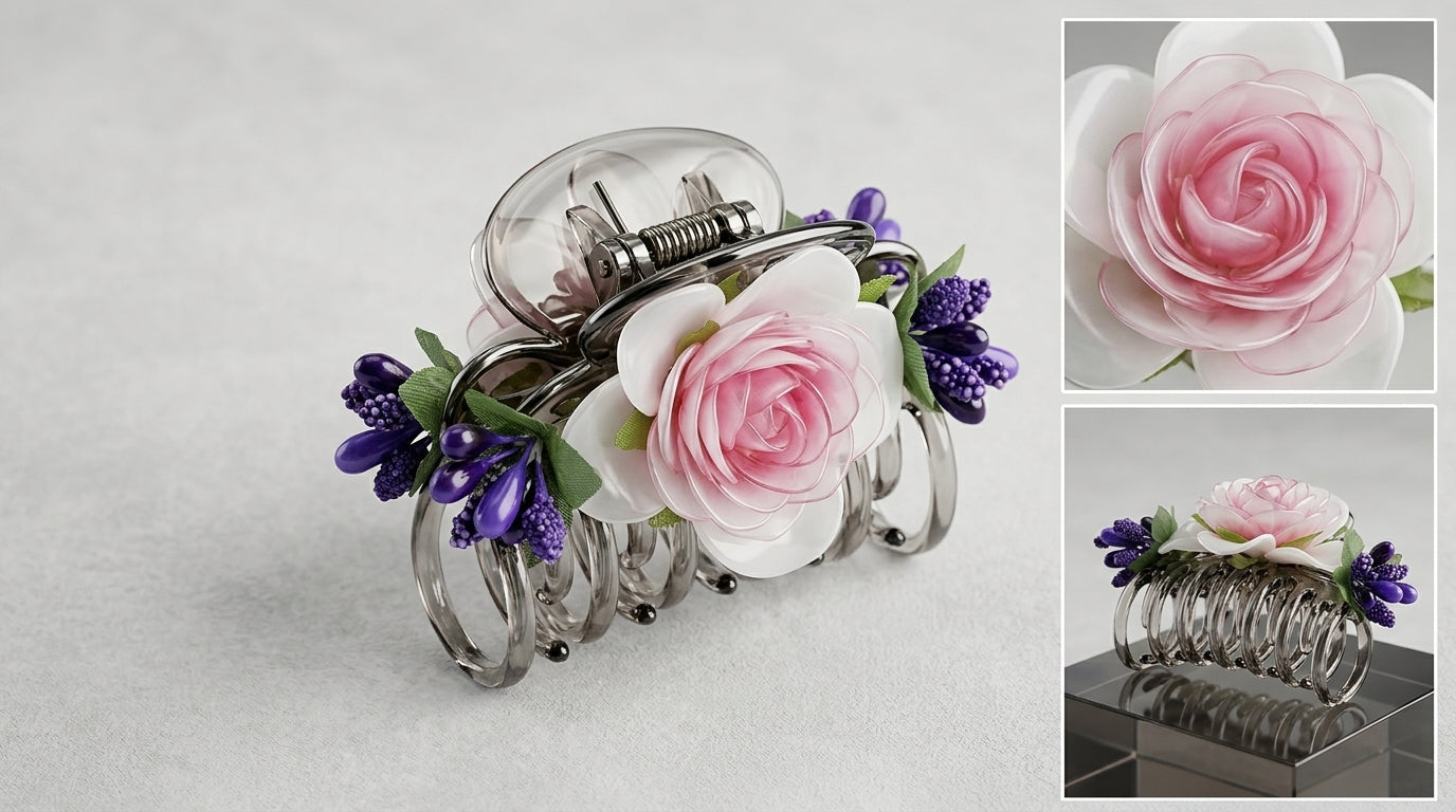 Luxury Floral Metal Hair Claw Clip – Pink Rose, White Magnolia & Purple Berry on Gunmetal
