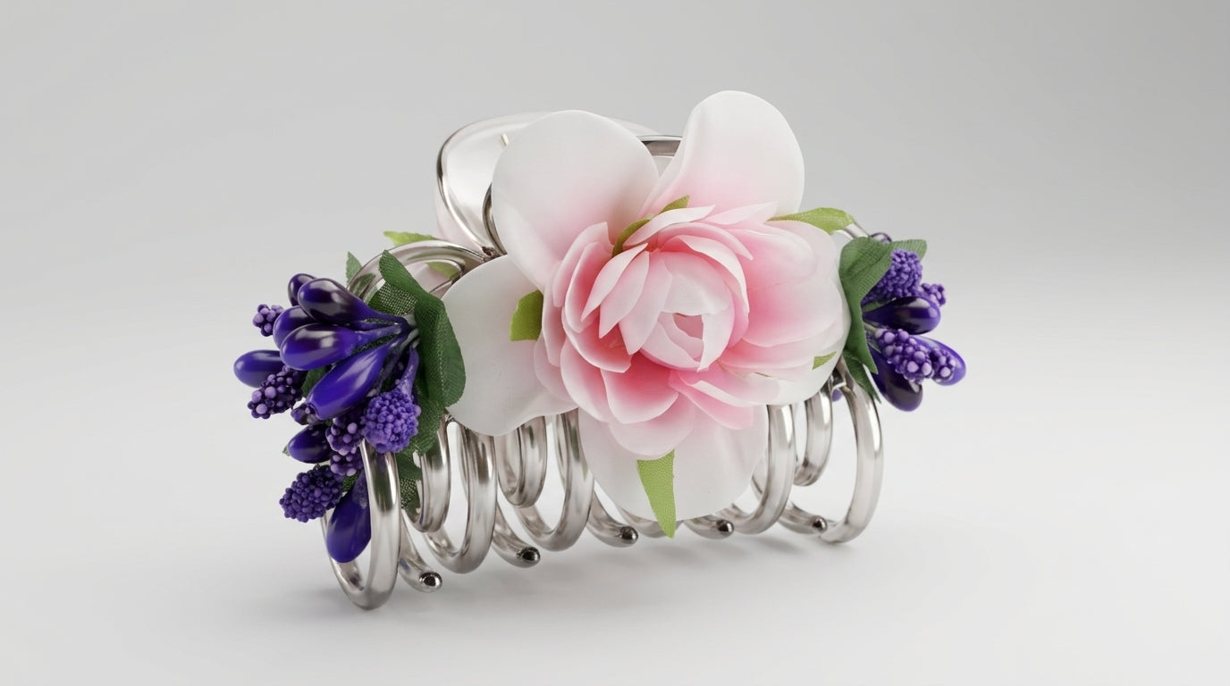 Luxury Floral Metal Hair Claw Clip – Pink Rose, White Magnolia & Purple Berry on Gunmetal