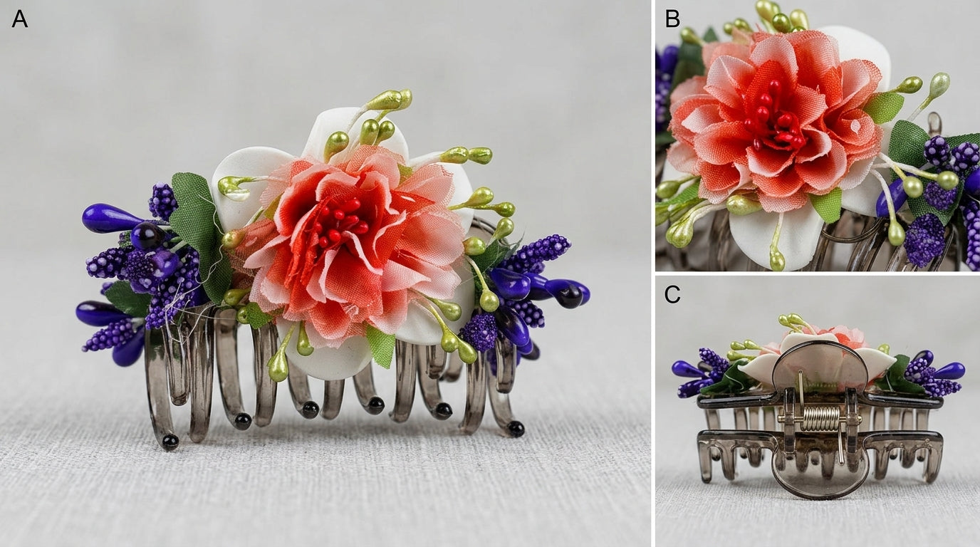 Floral Silver Hair Comb Clip – Coral Peony, White Magnolia & Blue Berry