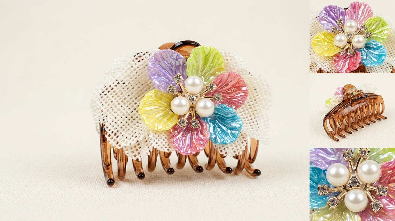 Pastel Enamel Flower Hair Claw Clip with Lace Tulle – Pearl & CZ Centre on Brown Acrylic