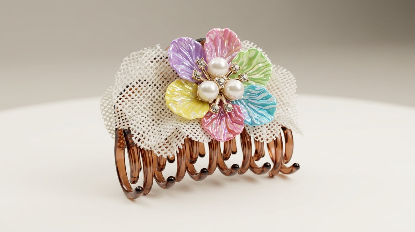 Pastel five-petal enamel flower hair claw clip with white lace tulle backing, triple pearl and CZ crystal centre on warm brown acrylic coil claw base