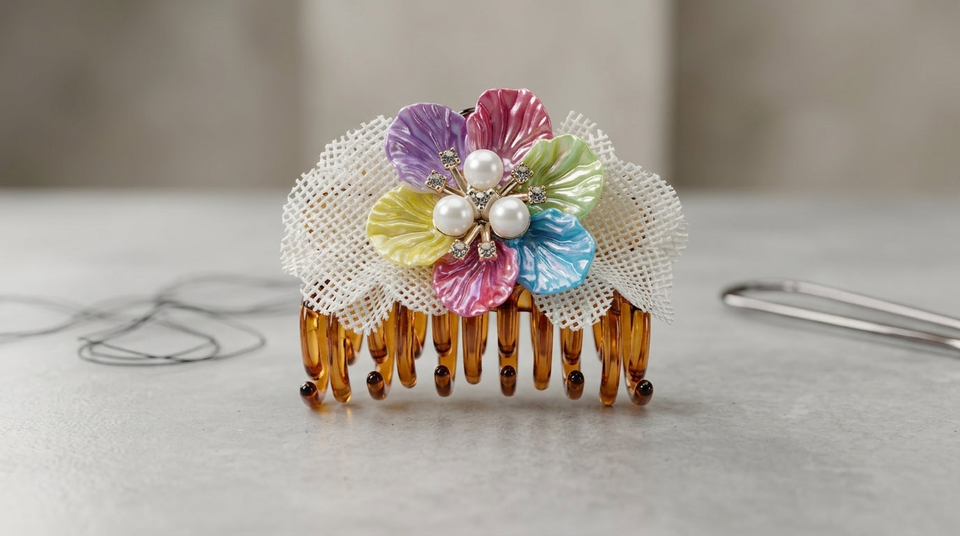 Pastel Enamel Flower Hair Claw Clip with Lace Tulle – Pearl & CZ Centre on Brown Acrylic