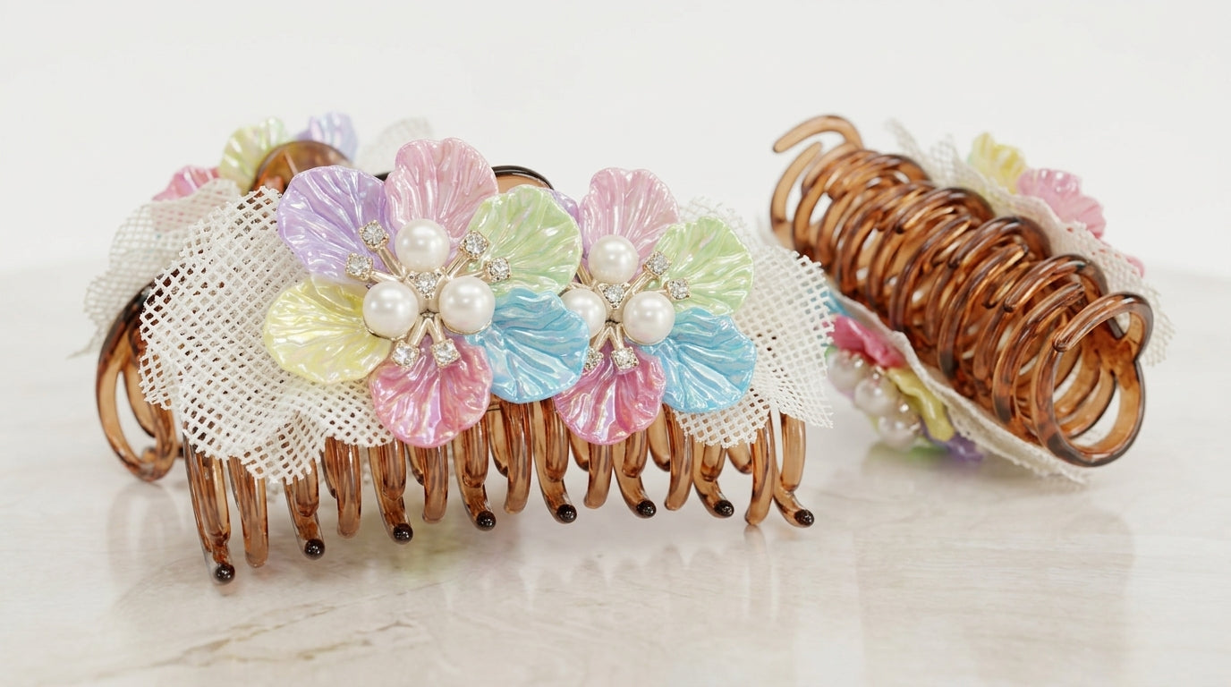 Pastel Enamel Flower Hair Claw Clip with Lace Tulle – Pearl & CZ Centre on Brown Acrylic