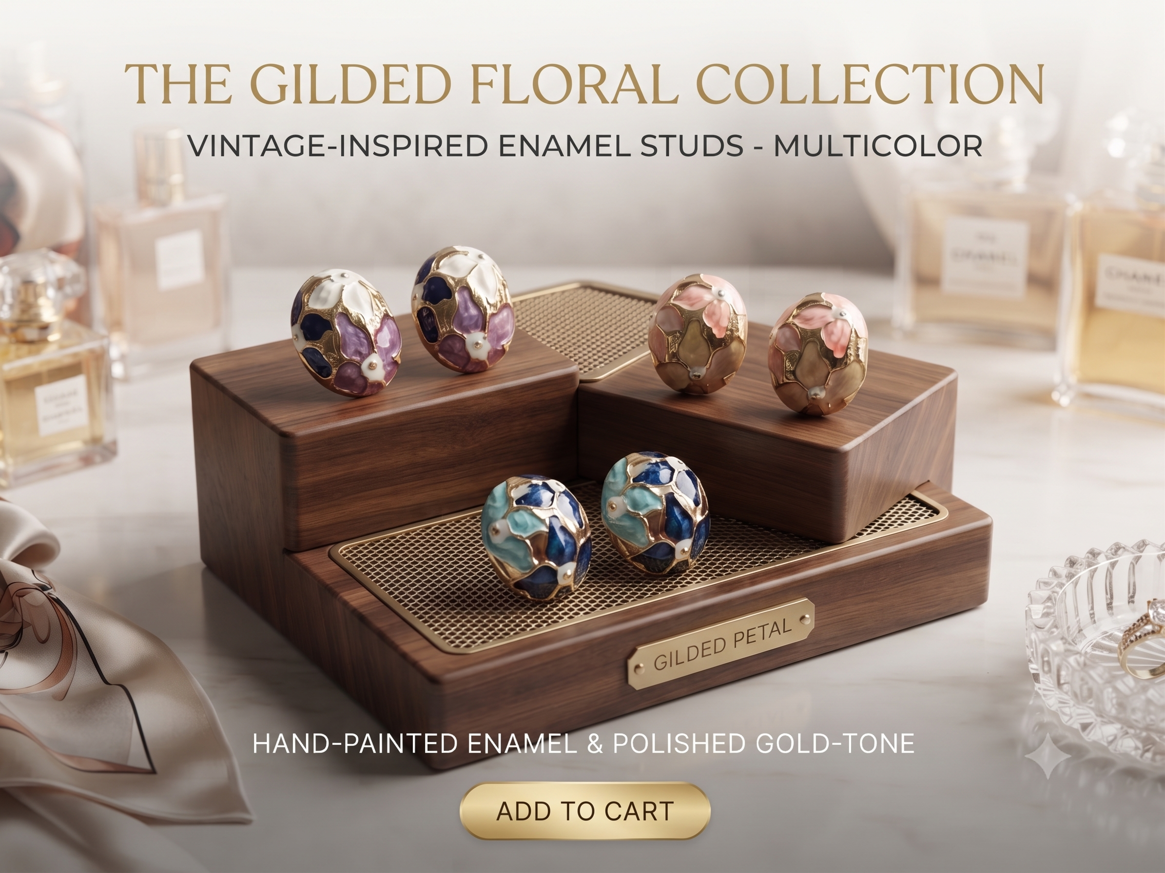 Gold & Cloisonné Enamel Oval Dome Stud Earrings