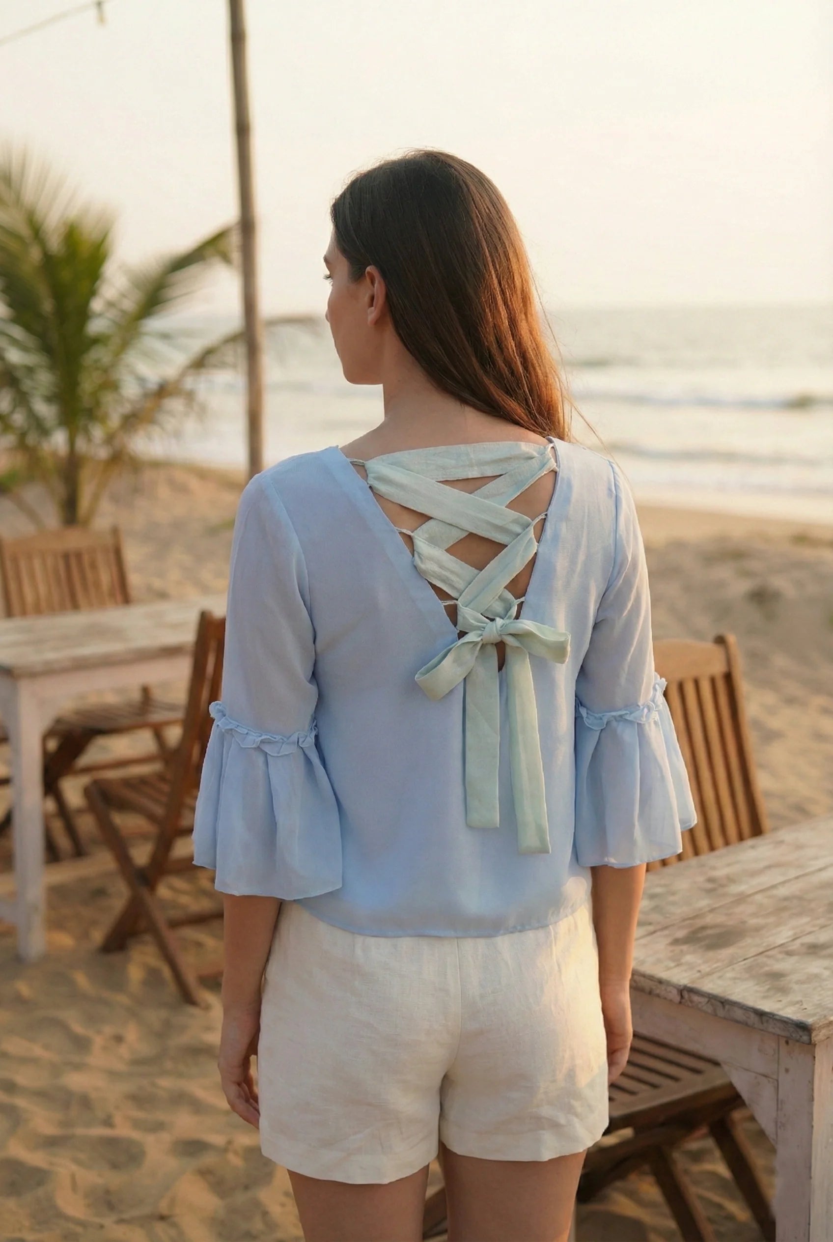 Powder Blue Georgette Top with Hand-Embroidered Moon Motifs-3